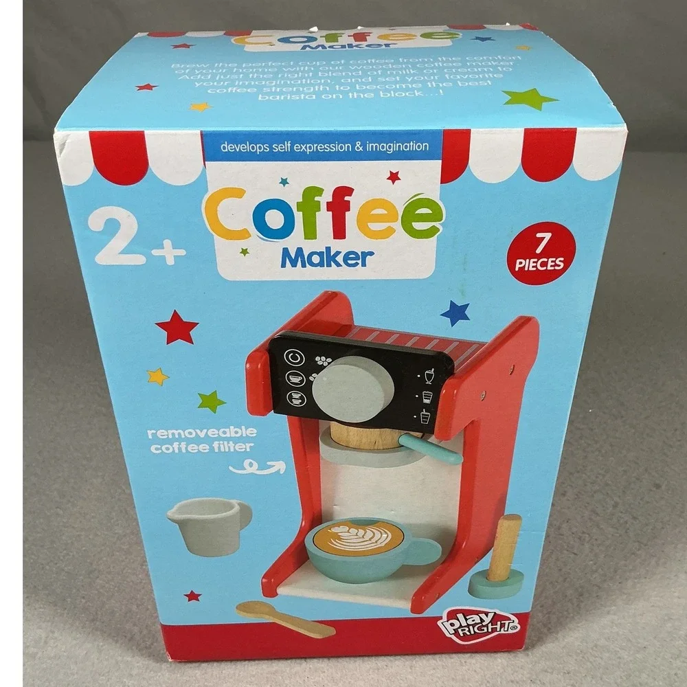 Play Right Wooden Coffee Maker Pretend Play 7 Piece Kids Kitchen Toy Age 2+ NEW